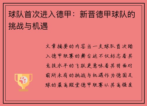 球队首次进入德甲:新晋德甲球队的挑战与机遇